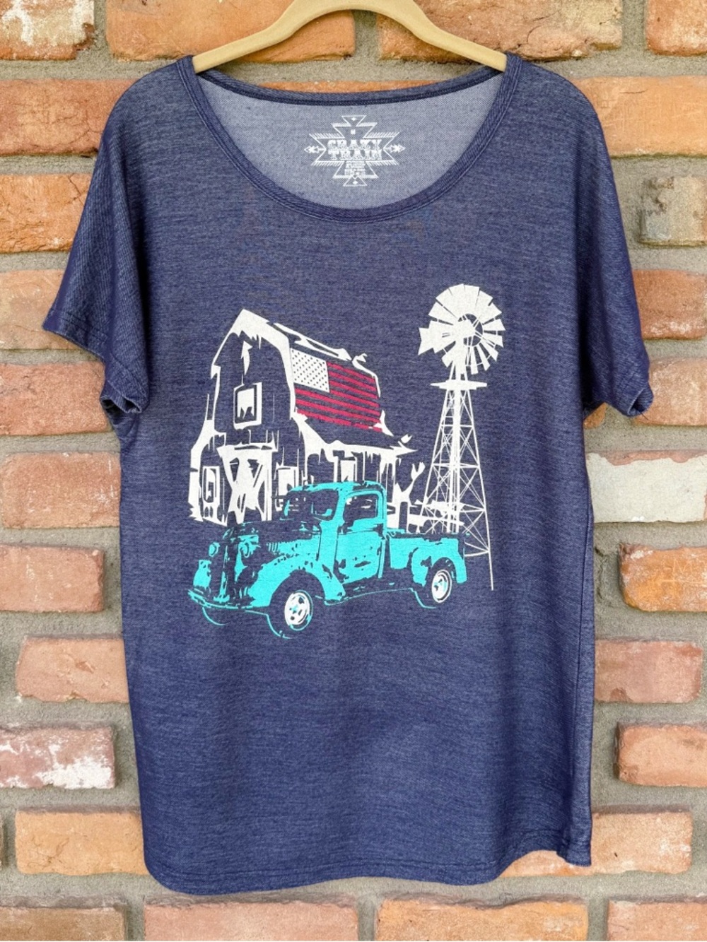 Crazy Train Homegrown Tee Navy Blue Americana Novelty Graphic T-shirt Size Med